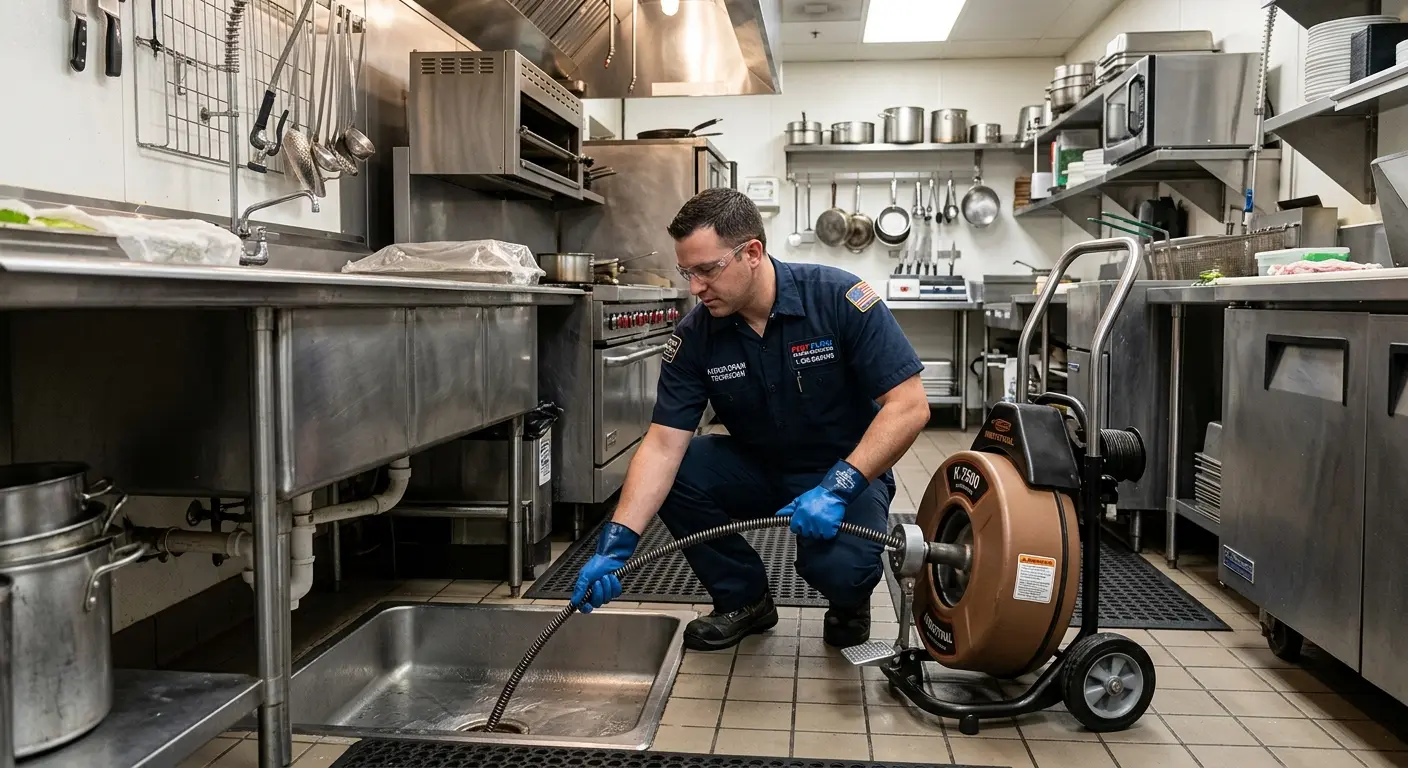 Commercial drain cleaning service in a restaurant kitchen in Wasco
