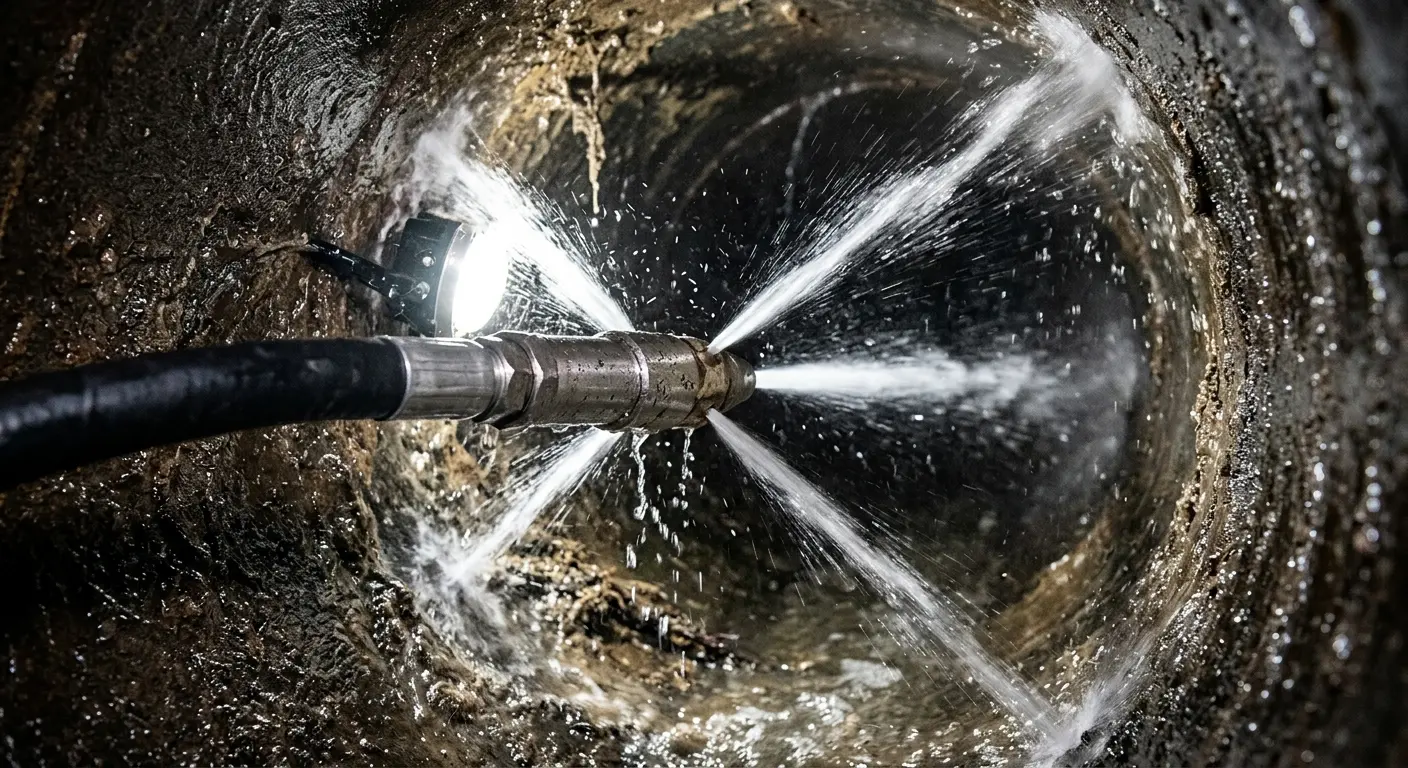 High-pressure hydro jetting nozzle cleaning sewer pipe for Sewer Cleanout in Wasco