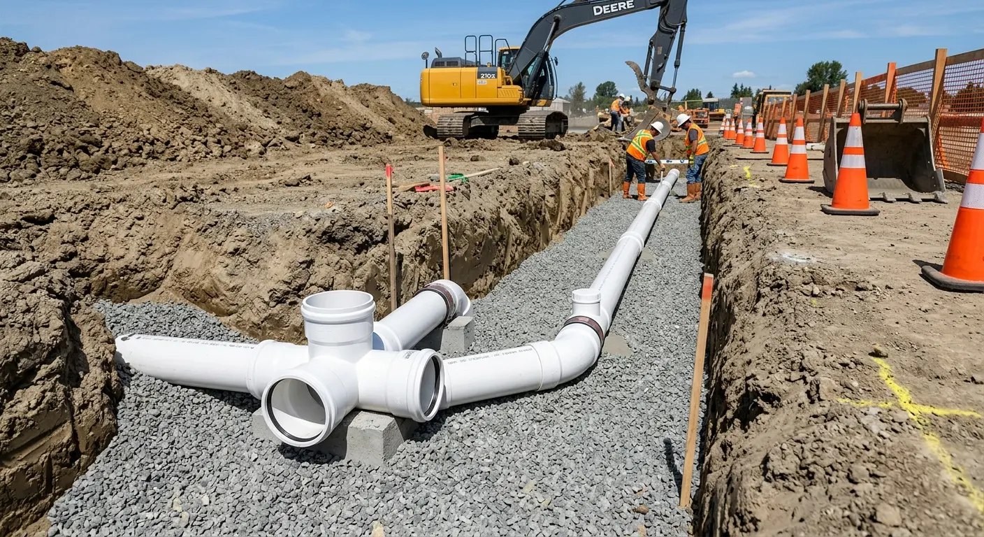 New PVC sewer pipe installation in open trench for Sewer Backup in Wasco