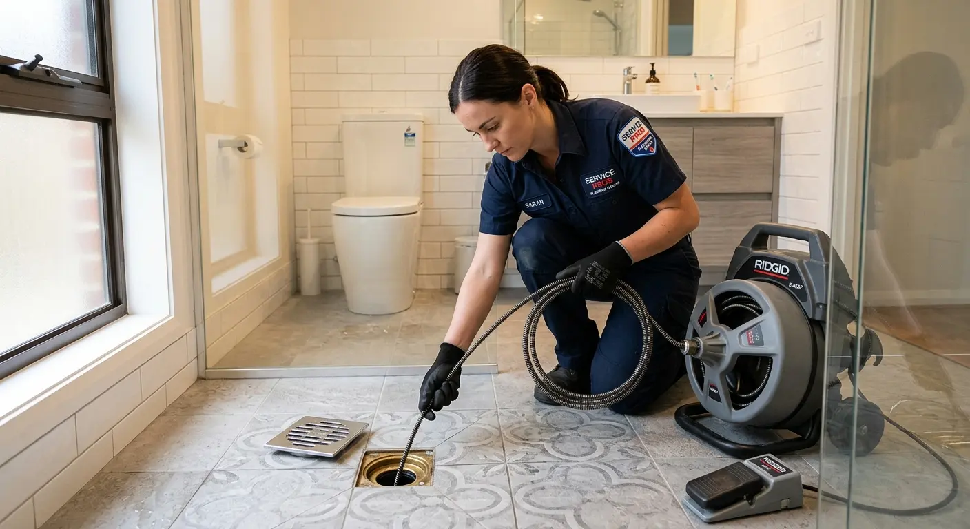 Technician clearing a bathroom floor drain for Sewer Line Replacement in Wasco
